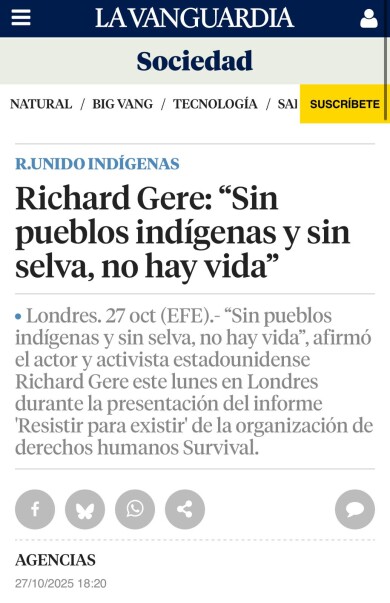 Richard Gere: “Sin pueblos indígenas y sin selva, no hay vida”