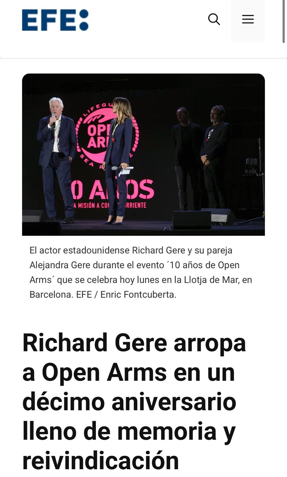 "Richard Gere arropa a Open Arms en un décimo aniversario lleno de memoria y reivindicación"