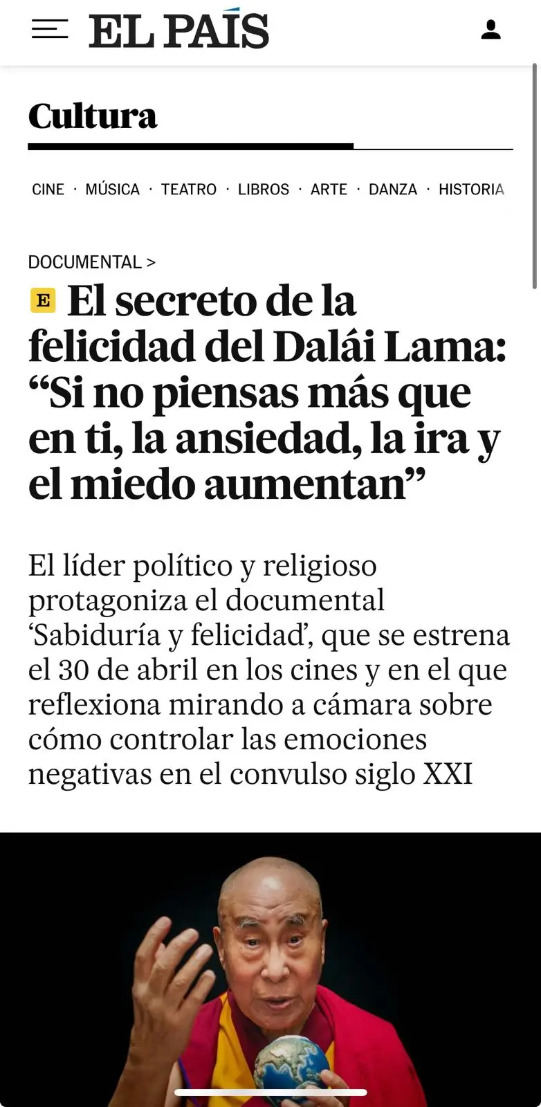 El secreto de la felicidad del Dalái Lama: “Si no piensas más que en ti, la ansiedad, la ira y el miedo aumentan”