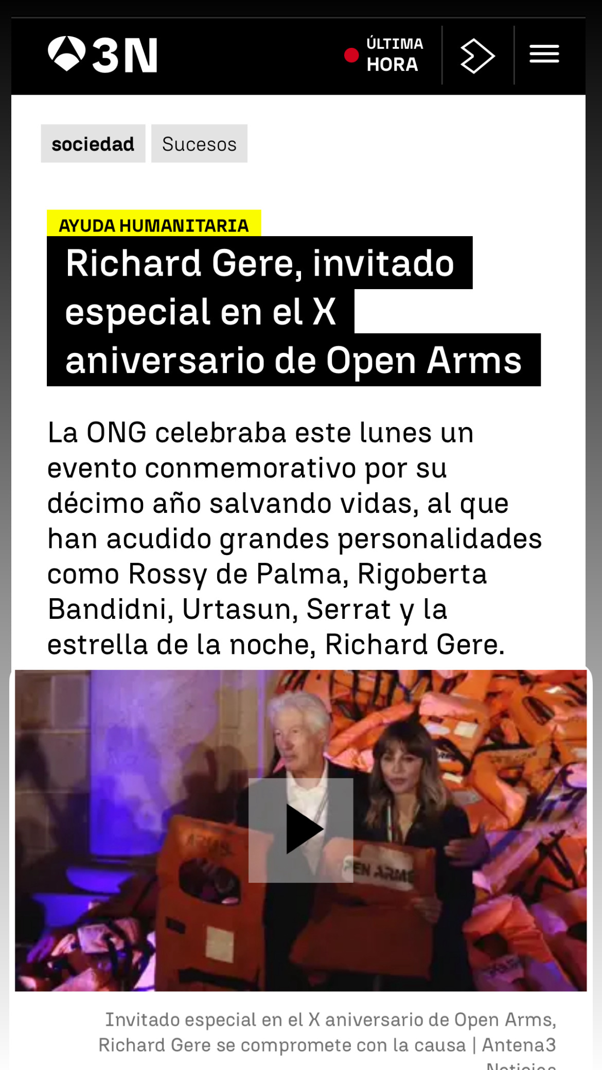 "Richard Gere, invitado especial en el X aniversario de Open Arms"
