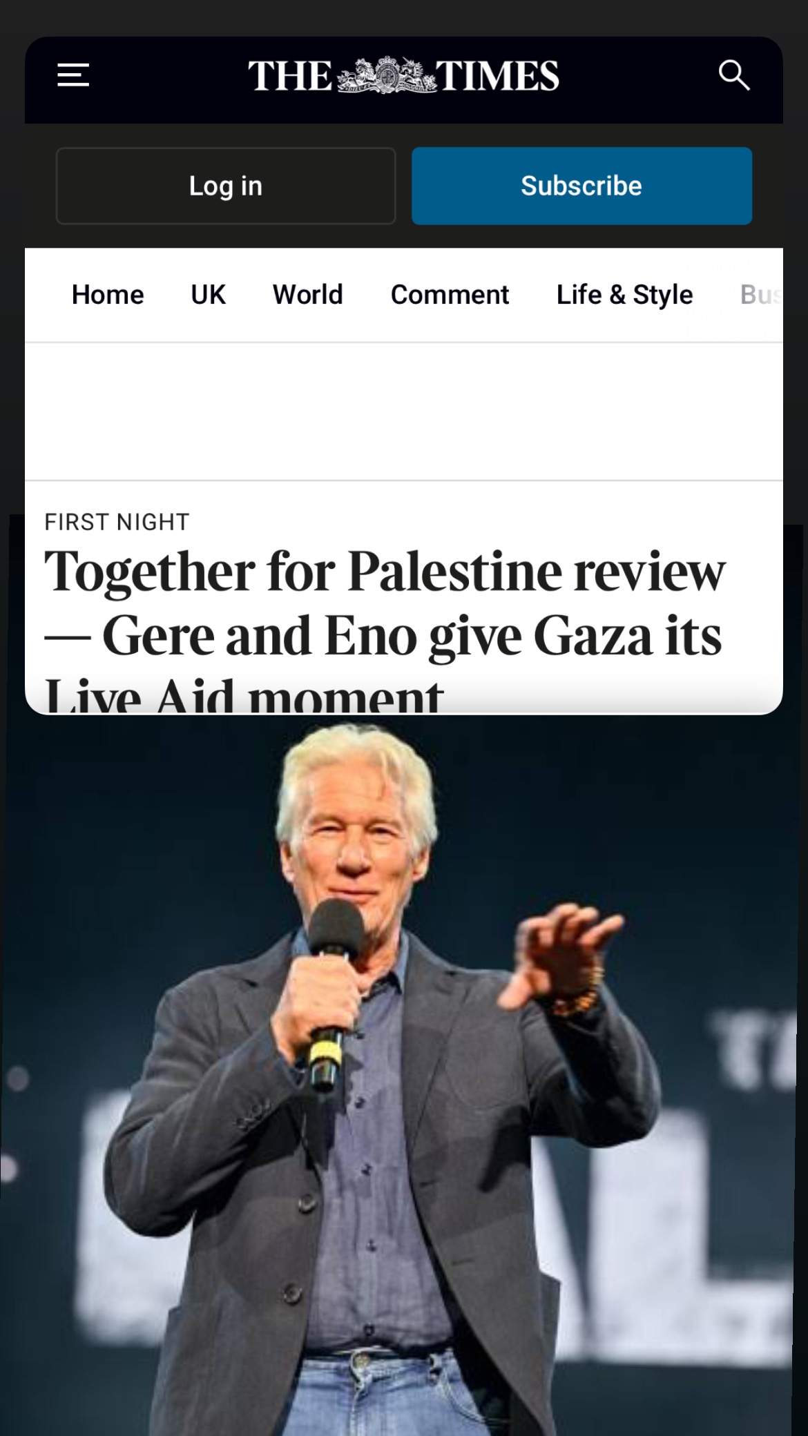 "Reseña de Together for Palestine: Gere y Eno brindan a Gaza su momento Live Aid"